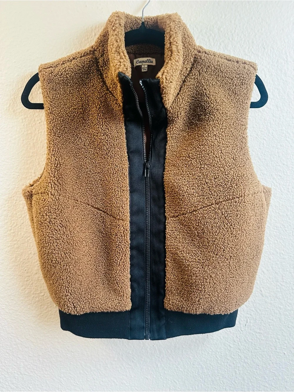 Women’s Tan Sherpa Vest with Black Trim